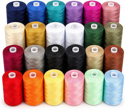 Sewing Machine Thread – 24 Spools, 1000 Yards Each – All Purpose Polyester Thread Set, 22 Colors + Black & White – Thread for Sewing Machine, Ideal for Beginners, Quilting & Repairs