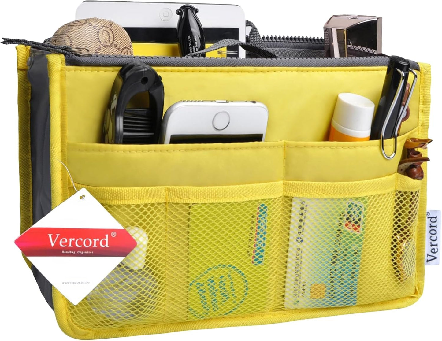 Purse Organizer Insert for Handbags Bag Organizers Inside Tote Pocketbook Women Nurse Nylon 13 Pockets Yellow Small