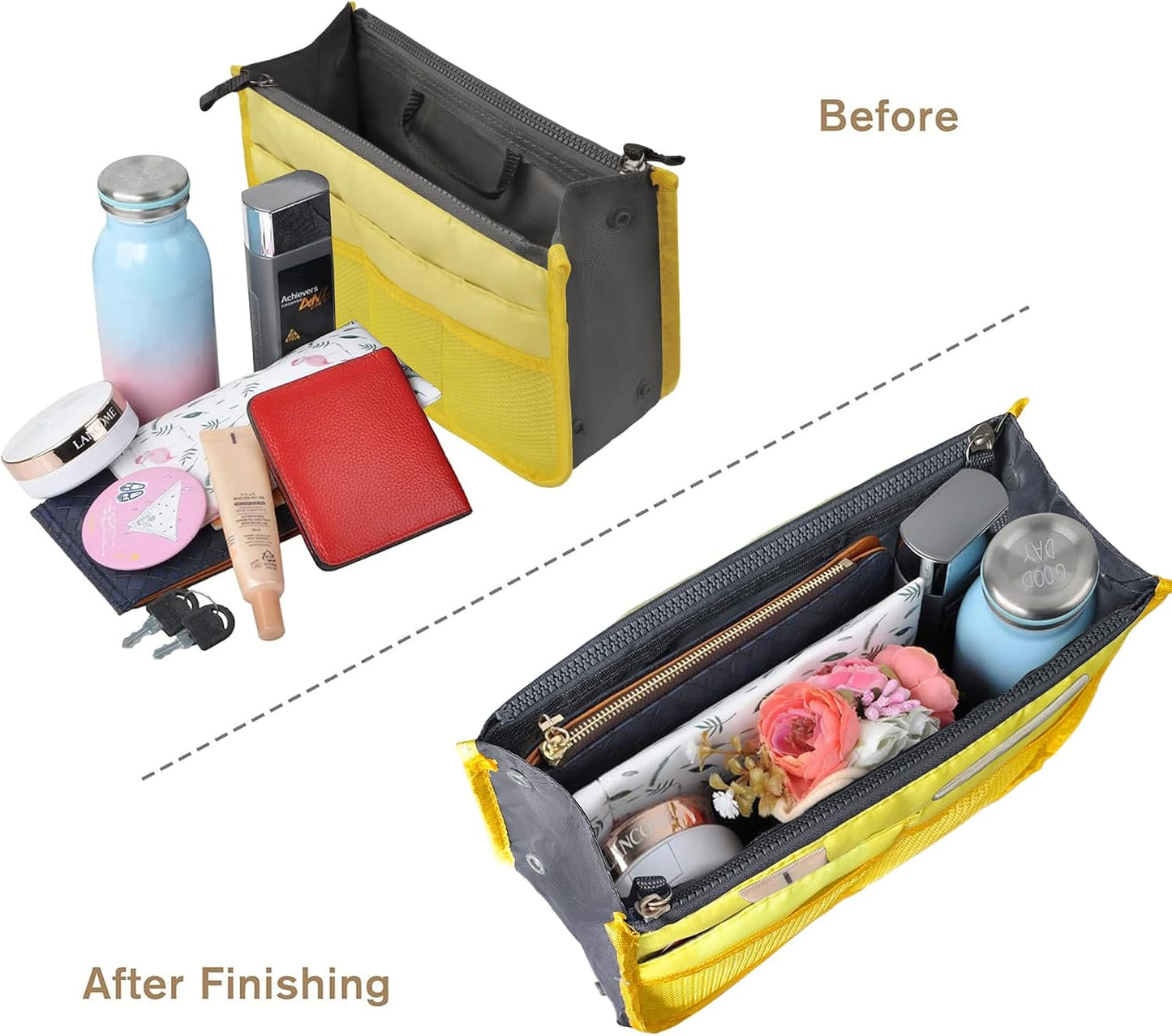 Purse Organizer Insert for Handbags Bag Organizers Inside Tote Pocketbook Women Nurse Nylon 13 Pockets Yellow Small