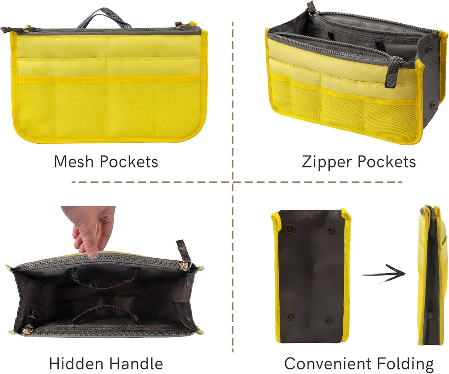 Purse Organizer Insert for Handbags Bag Organizers Inside Tote Pocketbook Women Nurse Nylon 13 Pockets Yellow Small