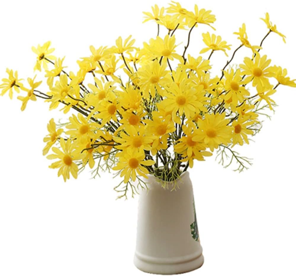 Artificial Flowers 12 Bundles Artificial Silk Daisy Fake Flowers UV Resistant Outdoor Fake Wildflowers with Stems Greenery Shrubs Plants Arrangements for Home Garden for Decoration (Yellow)