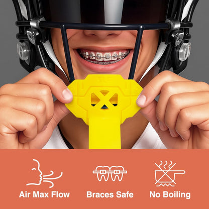 X Yellow Football Mouth Guard - Lip/Mouthguard with Helmet Strap - Lip/Teeth Protector Mouthpiece - Moldable - for Youth/Adults, Men & Women Mouth Guard, Maximum Air Flow, Lacrosse, All Sports