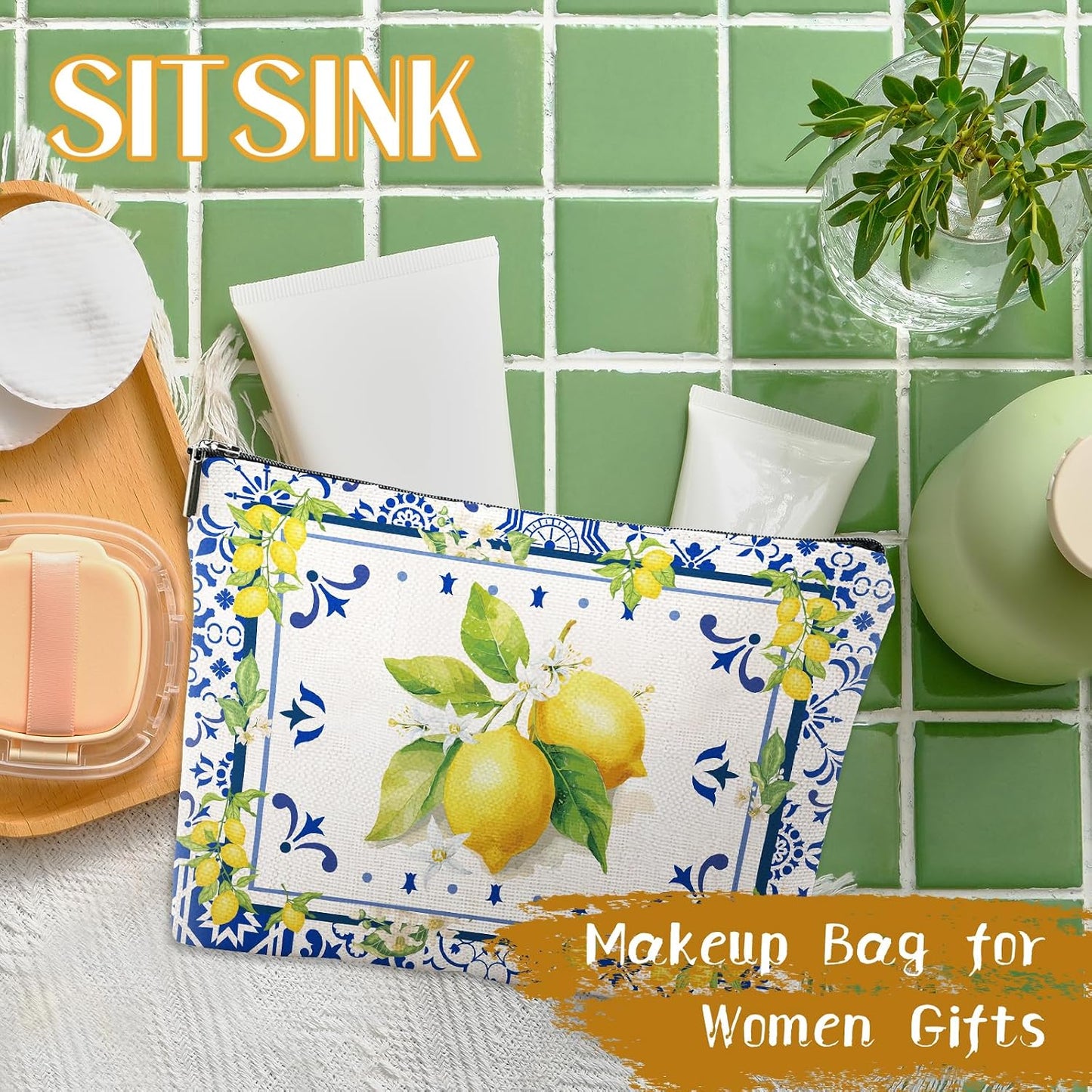 Sitsink Amalfi Coast Souvenir - South Italy Travel Makeup Bags, Lemon Themed Party Gifts for Girls Bachelorette Besties Bridesmaid, Italy Vacation Trip Cosmetic Pouch