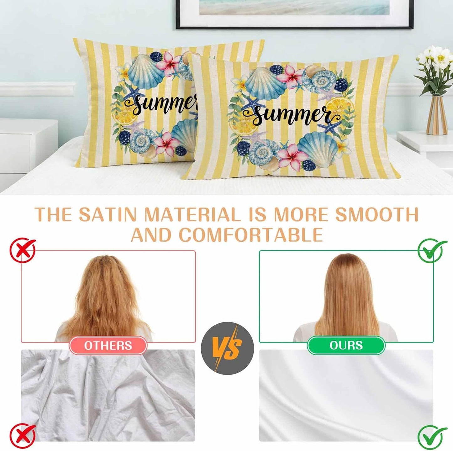 Summer King Standard Pillow Cases Set of 2, Lemons Starfish Flower Stripes Yellow Vintage Satin Pillow Case Cover with Smooth Hidden Zipper Closure, Soft Throw Pillow Covers Cases 20X36 Inch