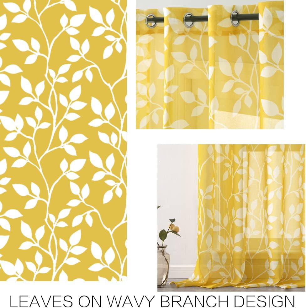 XTMYI 72 Inch Length Yellow Curtains for Living Room 2 Panels Sheer Leaf Designed Spring Decor for Bedroom Home,Lemon