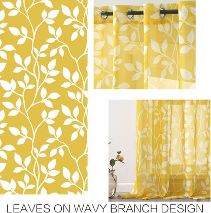 XTMYI 72 Inch Length Yellow Curtains for Living Room 2 Panels Sheer Leaf Designed Spring Decor for Bedroom Home,Lemon