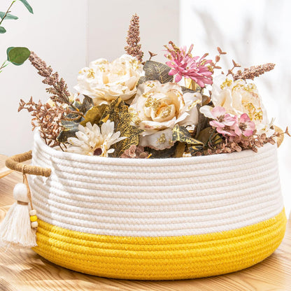 Woven Baskets for Storage(16"x8"),Blanket Basket for Organizing Living Room,Cotton Rope Basket Woven Baby Laundry Hamper,Collapsible Laundry Room Organization,Clothes,Toy Chest(Yellow)