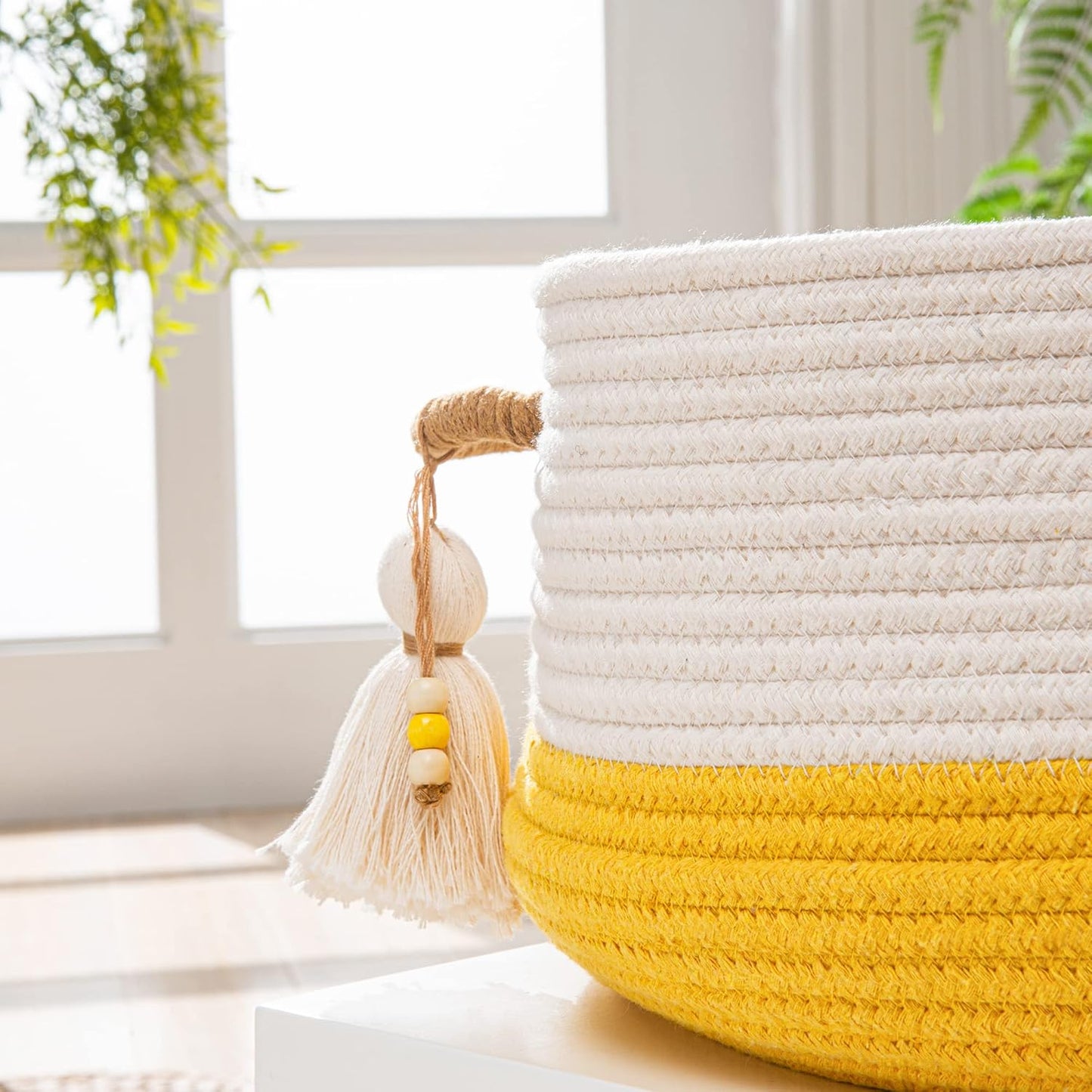 Woven Baskets for Storage(16"x8"),Blanket Basket for Organizing Living Room,Cotton Rope Basket Woven Baby Laundry Hamper,Collapsible Laundry Room Organization,Clothes,Toy Chest(Yellow)