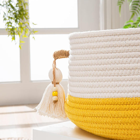 Woven Baskets for Storage(16"x8"),Blanket Basket for Organizing Living Room,Cotton Rope Basket Woven Baby Laundry Hamper,Collapsible Laundry Room Organization,Clothes,Toy Chest(Yellow)