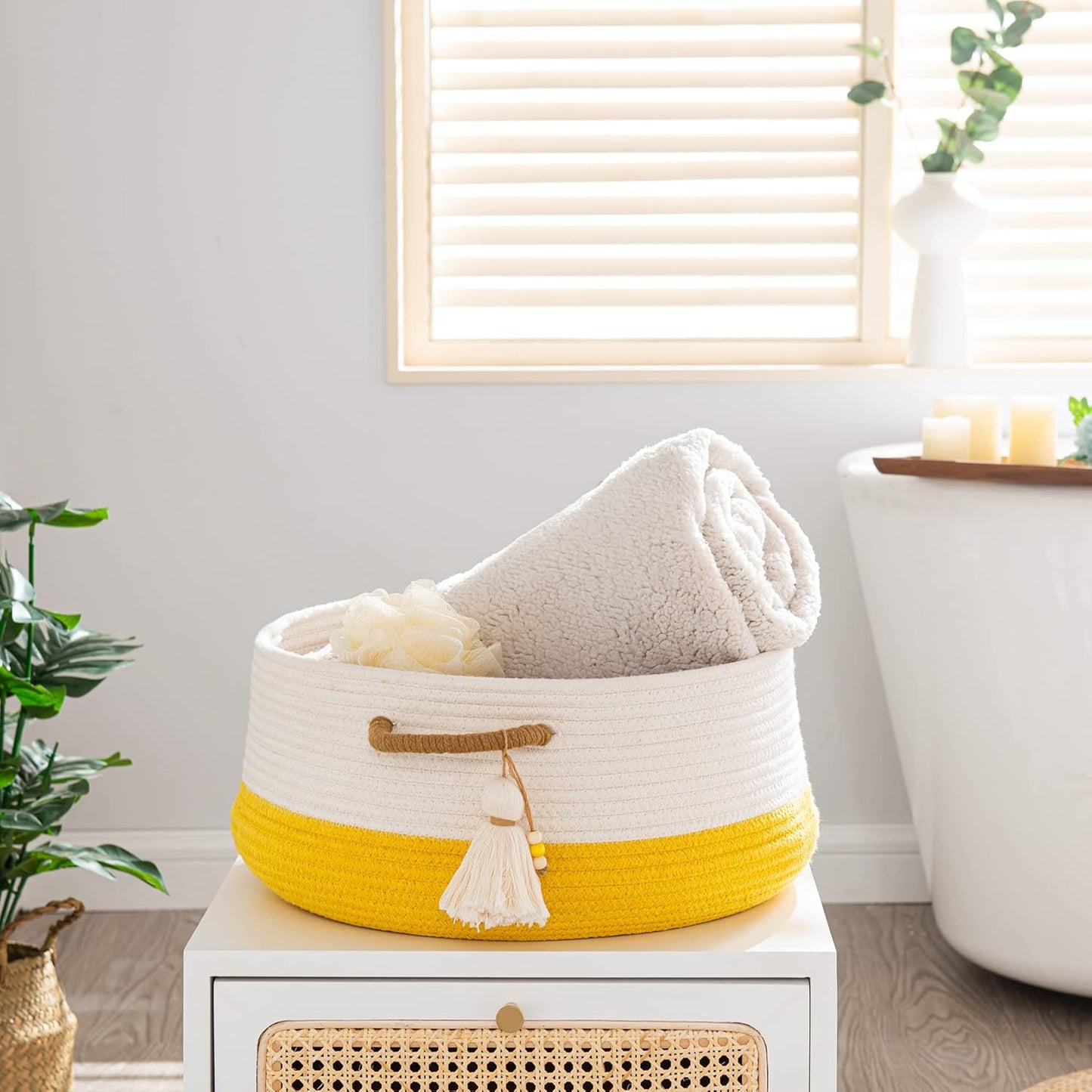 Woven Baskets for Storage(16"x8"),Blanket Basket for Organizing Living Room,Cotton Rope Basket Woven Baby Laundry Hamper,Collapsible Laundry Room Organization,Clothes,Toy Chest(Yellow)