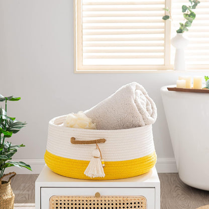 Woven Baskets for Storage(16"x8"),Blanket Basket for Organizing Living Room,Cotton Rope Basket Woven Baby Laundry Hamper,Collapsible Laundry Room Organization,Clothes,Toy Chest(Yellow)