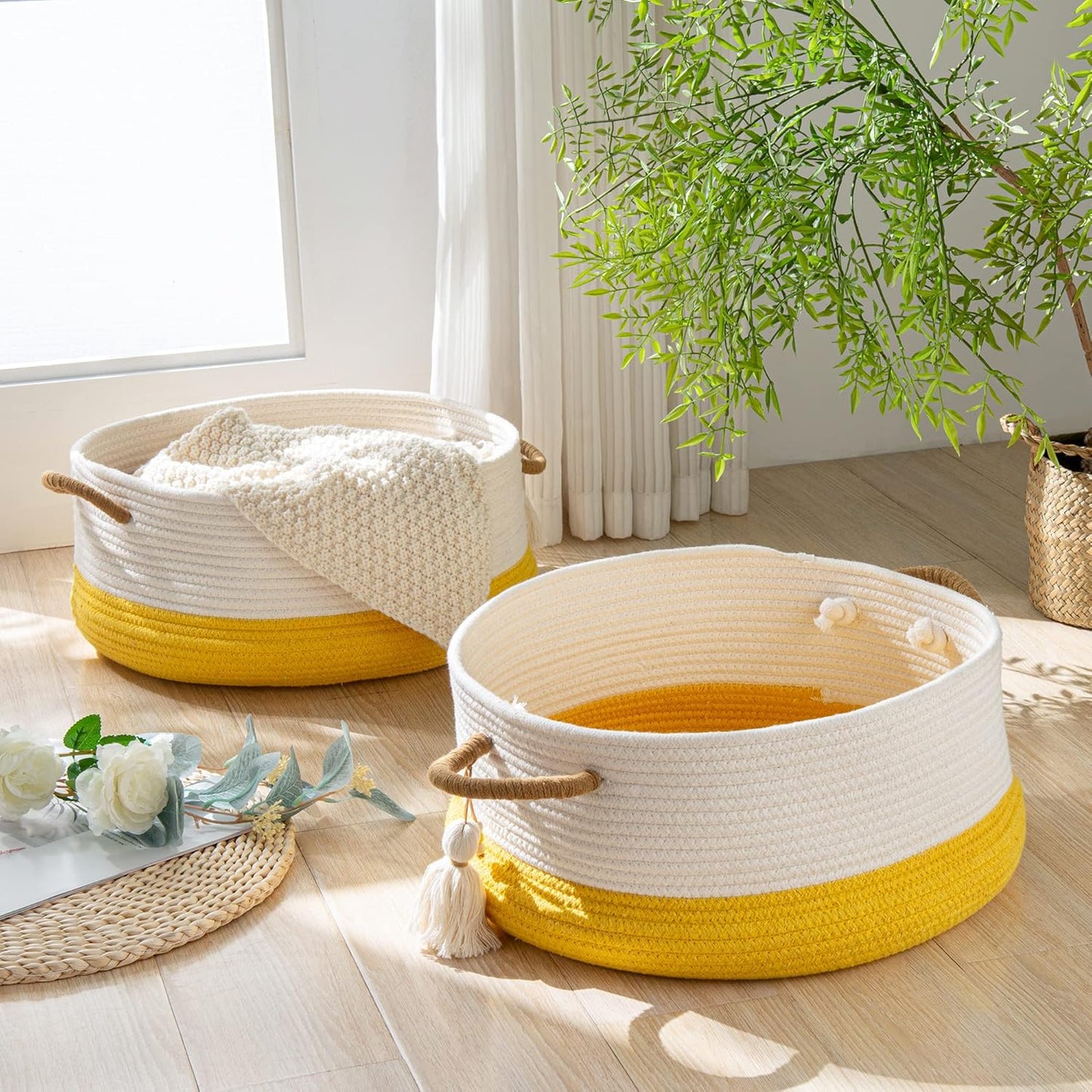 Woven Baskets for Storage(16"x8"),Blanket Basket for Organizing Living Room,Cotton Rope Basket Woven Baby Laundry Hamper,Collapsible Laundry Room Organization,Clothes,Toy Chest(Yellow)