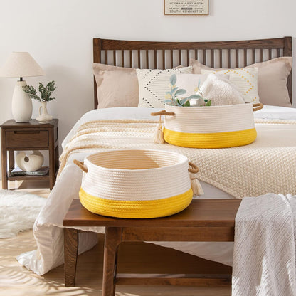 Woven Baskets for Storage(16"x8"),Blanket Basket for Organizing Living Room,Cotton Rope Basket Woven Baby Laundry Hamper,Collapsible Laundry Room Organization,Clothes,Toy Chest(Yellow)