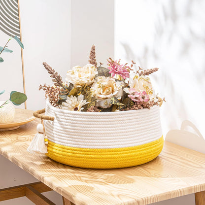 Woven Baskets for Storage(16"x8"),Blanket Basket for Organizing Living Room,Cotton Rope Basket Woven Baby Laundry Hamper,Collapsible Laundry Room Organization,Clothes,Toy Chest(Yellow)