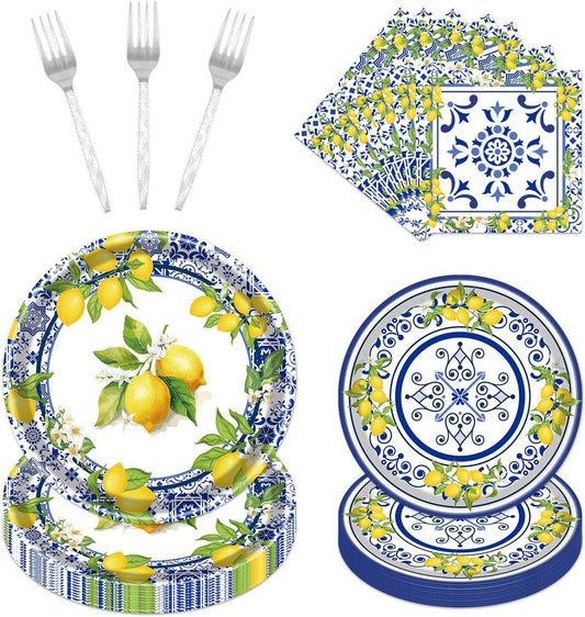 Lemon Party Plates Supplies - 96PCS Lemon Party Decorations Supplies Tiles Yellow Lemon Party Paper Plates Napkins Fork Tableware Summer Fruit Lemon Decor Disposable Party Dinnerware(24 Guests)