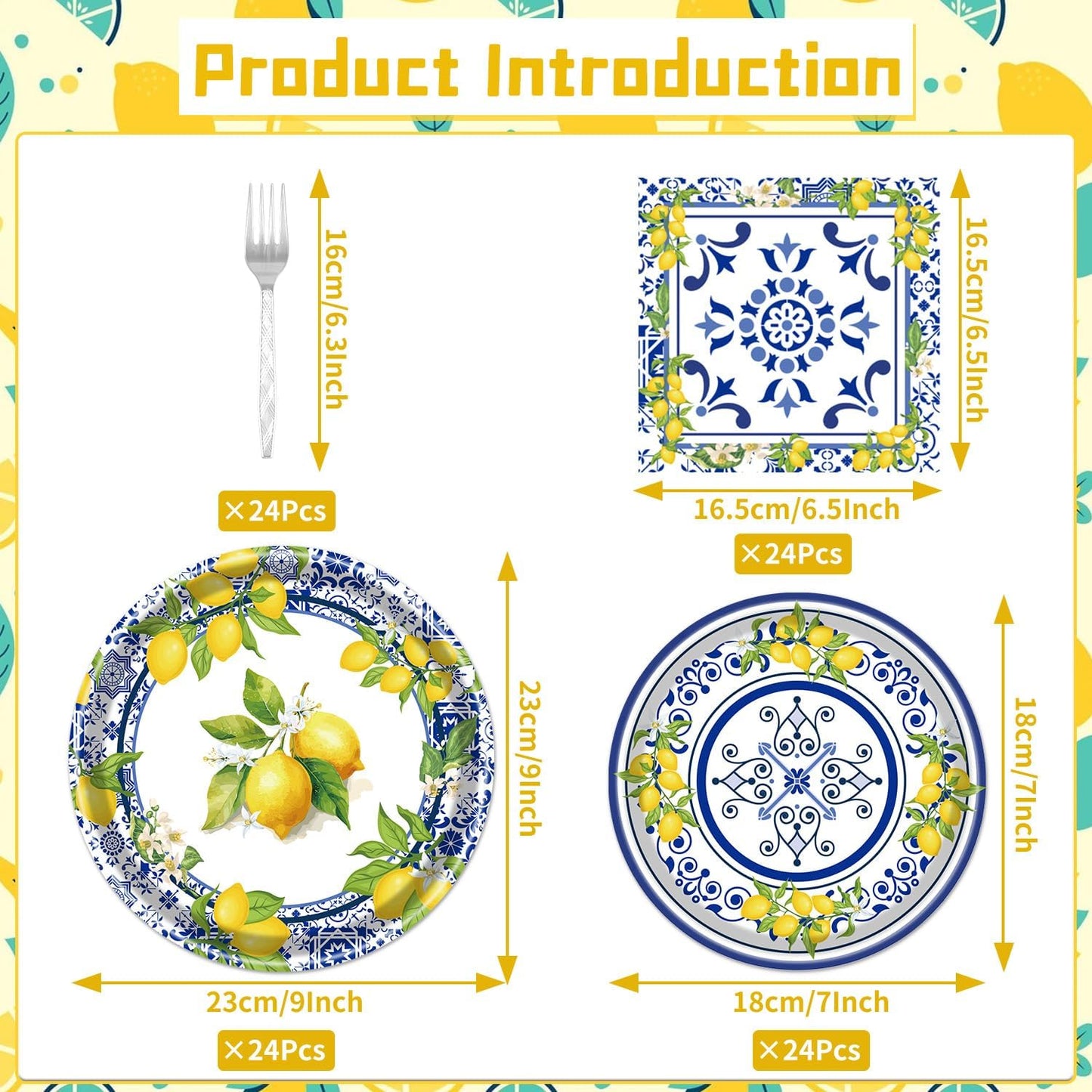 Lemon Party Plates Supplies - 96PCS Lemon Party Decorations Supplies Tiles Yellow Lemon Party Paper Plates Napkins Fork Tableware Summer Fruit Lemon Decor Disposable Party Dinnerware(24 Guests)
