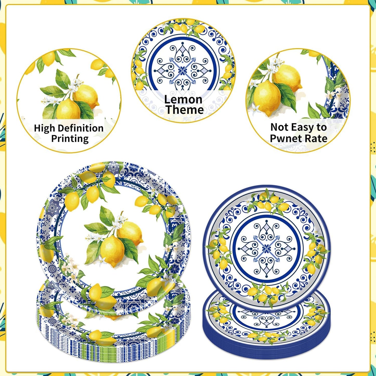 Lemon Party Plates Supplies - 96PCS Lemon Party Decorations Supplies Tiles Yellow Lemon Party Paper Plates Napkins Fork Tableware Summer Fruit Lemon Decor Disposable Party Dinnerware(24 Guests)