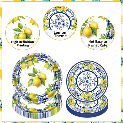 Lemon Party Plates Supplies - 96PCS Lemon Party Decorations Supplies Tiles Yellow Lemon Party Paper Plates Napkins Fork Tableware Summer Fruit Lemon Decor Disposable Party Dinnerware(24 Guests)