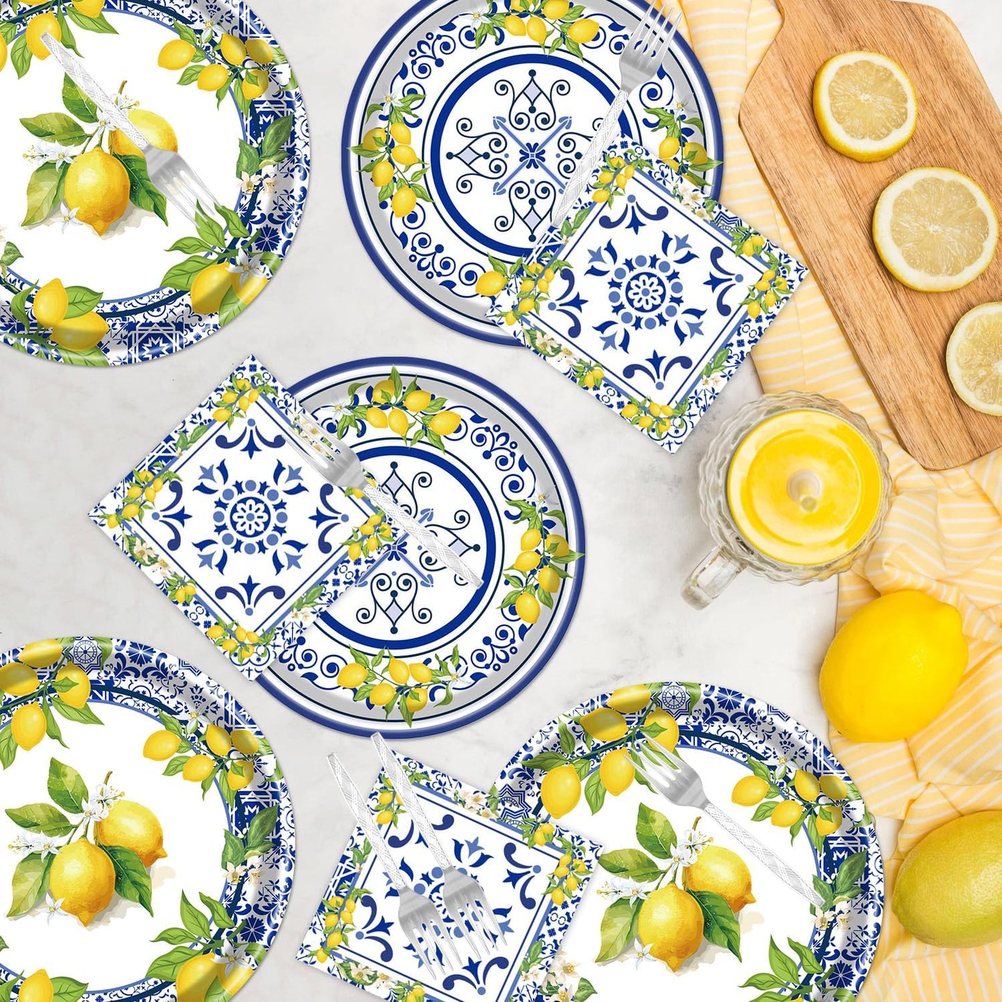 Lemon Party Plates Supplies - 96PCS Lemon Party Decorations Supplies Tiles Yellow Lemon Party Paper Plates Napkins Fork Tableware Summer Fruit Lemon Decor Disposable Party Dinnerware(24 Guests)