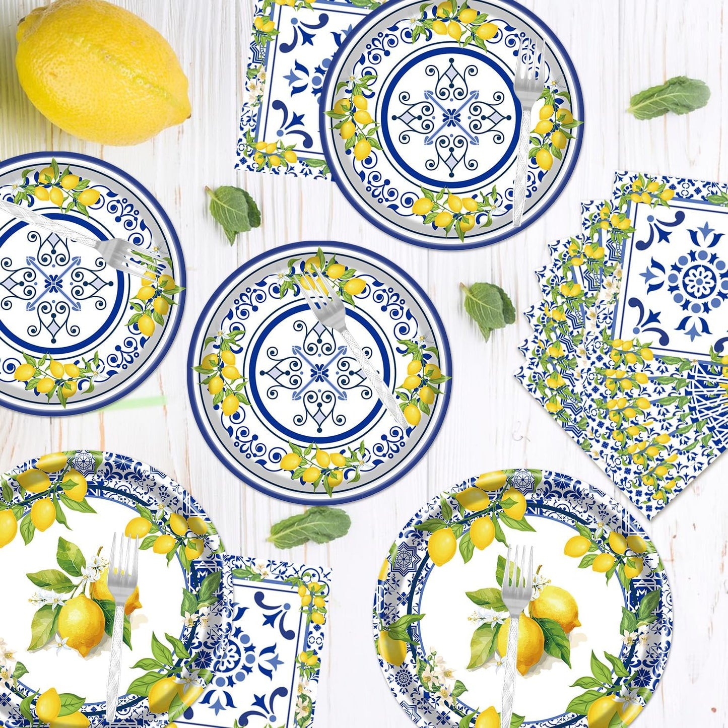 Lemon Party Plates Supplies - 96PCS Lemon Party Decorations Supplies Tiles Yellow Lemon Party Paper Plates Napkins Fork Tableware Summer Fruit Lemon Decor Disposable Party Dinnerware(24 Guests)