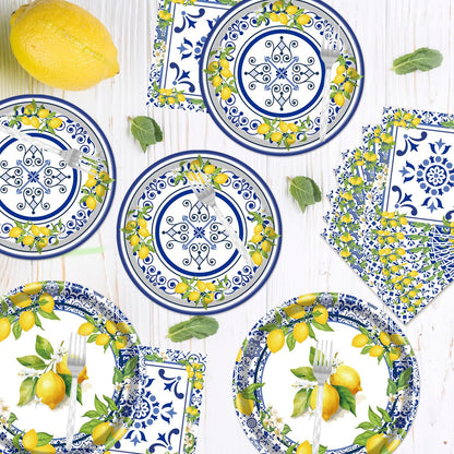 Lemon Party Plates Supplies - 96PCS Lemon Party Decorations Supplies Tiles Yellow Lemon Party Paper Plates Napkins Fork Tableware Summer Fruit Lemon Decor Disposable Party Dinnerware(24 Guests)