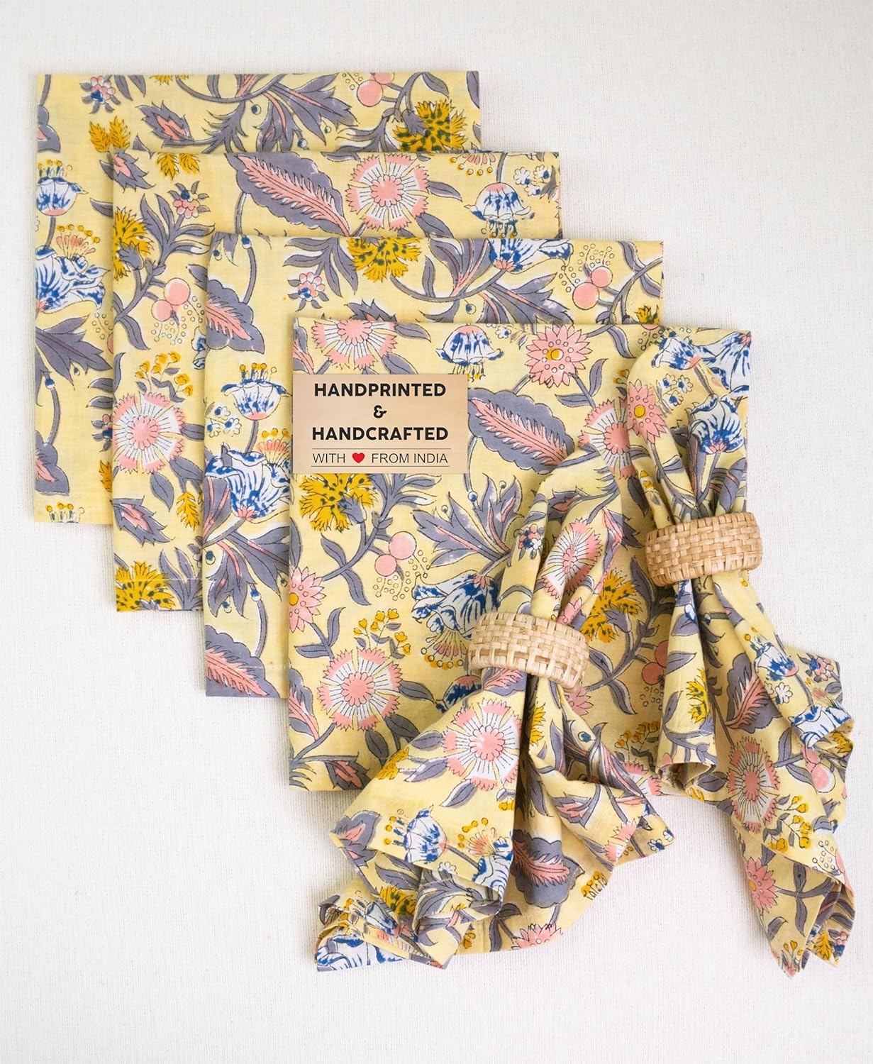 Craftbot Cotton Print Dinner Napkins 18x18 inches - Washable Cloth Napkins Set of 6 - Everyday Use or Dinner Party and Events - Light Yellow Indian Block Printed Fabric