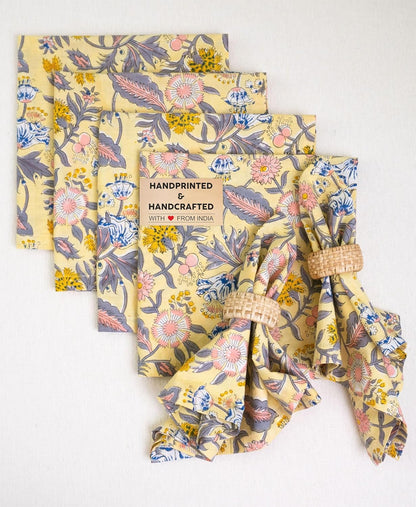Craftbot Cotton Print Dinner Napkins 18x18 inches - Washable Cloth Napkins Set of 6 - Everyday Use or Dinner Party and Events - Light Yellow Indian Block Printed Fabric