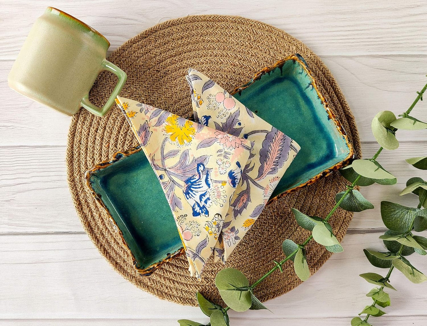 Craftbot Cotton Print Dinner Napkins 18x18 inches - Washable Cloth Napkins Set of 6 - Everyday Use or Dinner Party and Events - Light Yellow Indian Block Printed Fabric