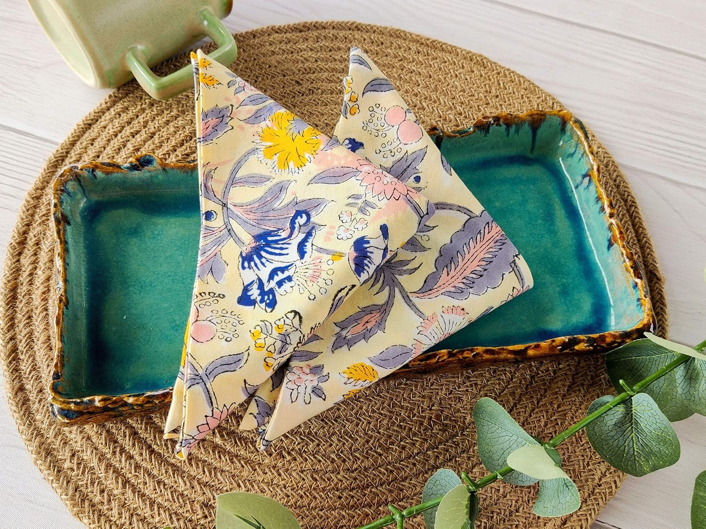 Craftbot Cotton Print Dinner Napkins 18x18 inches - Washable Cloth Napkins Set of 6 - Everyday Use or Dinner Party and Events - Light Yellow Indian Block Printed Fabric