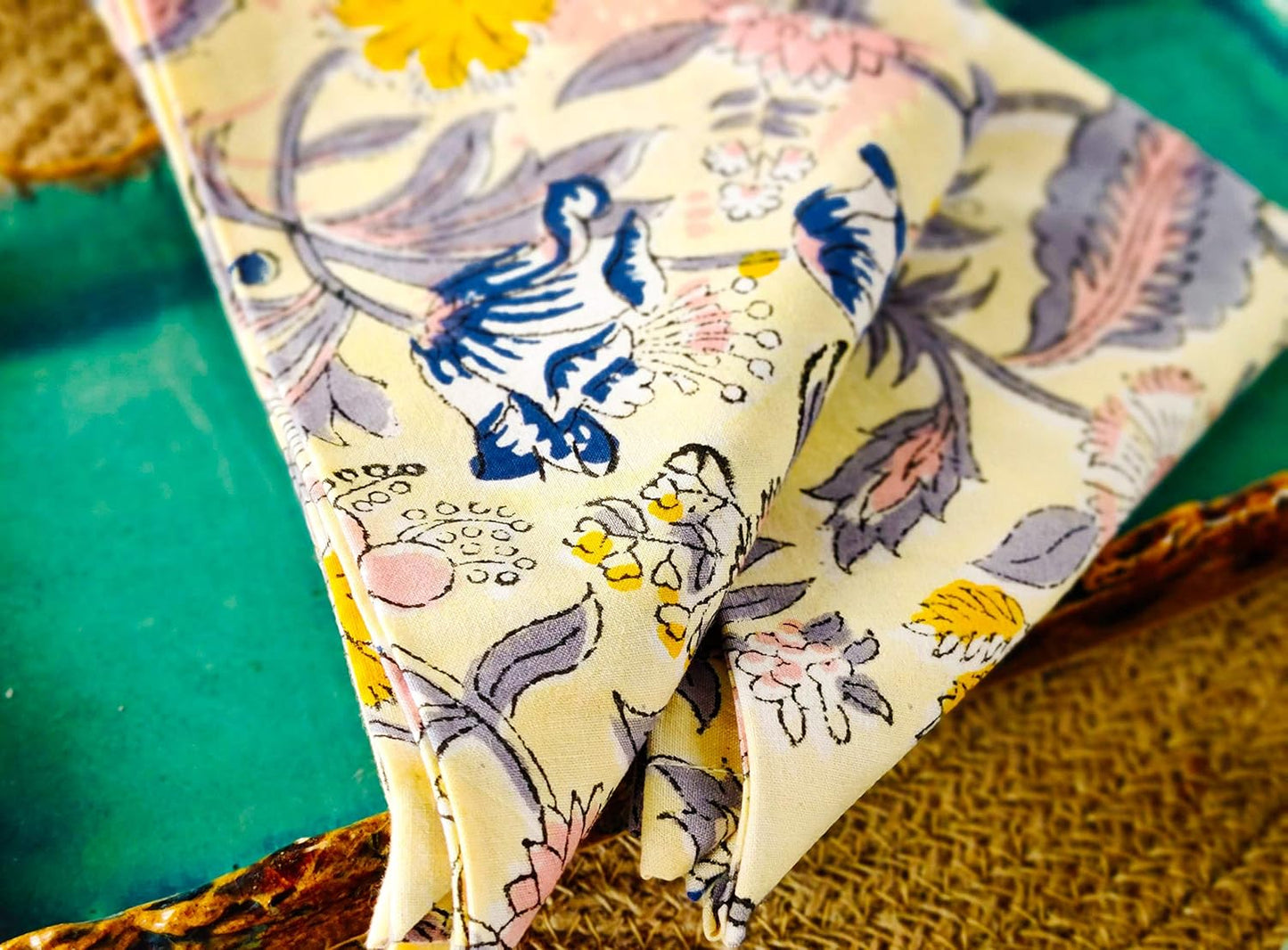 Craftbot Cotton Print Dinner Napkins 18x18 inches - Washable Cloth Napkins Set of 6 - Everyday Use or Dinner Party and Events - Light Yellow Indian Block Printed Fabric
