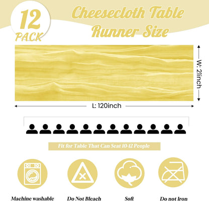 12 Pack Light Yellow Spring Easter Table Runner 10FT Yellow Cheesecloth Table Runner 21x120 inch Boho Gauze Cheese Cloth Table Runner Rustic Sheer Table Runner for Wedding Bridal Baby Shower Decor