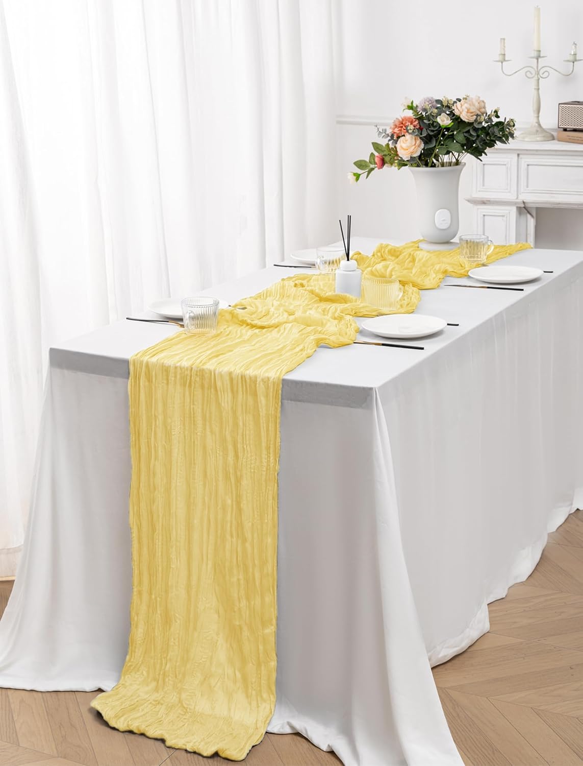 12 Pack Light Yellow Spring Easter Table Runner 10FT Yellow Cheesecloth Table Runner 21x120 inch Boho Gauze Cheese Cloth Table Runner Rustic Sheer Table Runner for Wedding Bridal Baby Shower Decor