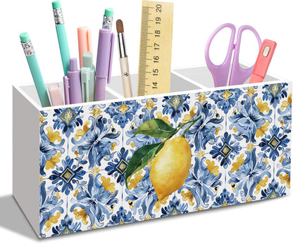 Mediterranean Lemon Pen Pencil Holder for Desk, Sicilian Lemons Office Desk Accessories, Italian Lemon Holders Organizer for Bathroom Kitchen Office Classroom