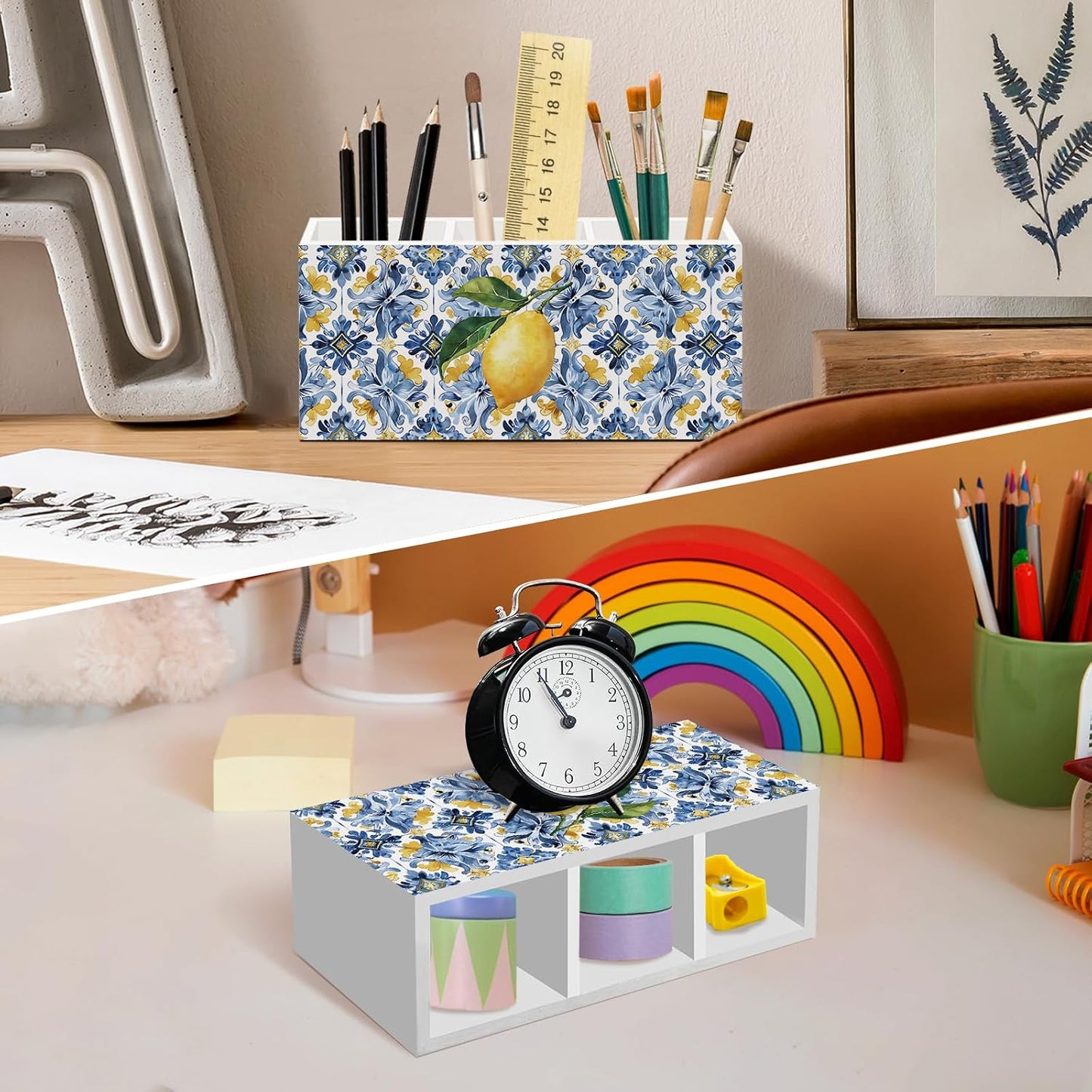 Mediterranean Lemon Pen Pencil Holder for Desk, Sicilian Lemons Office Desk Accessories, Italian Lemon Holders Organizer for Bathroom Kitchen Office Classroom
