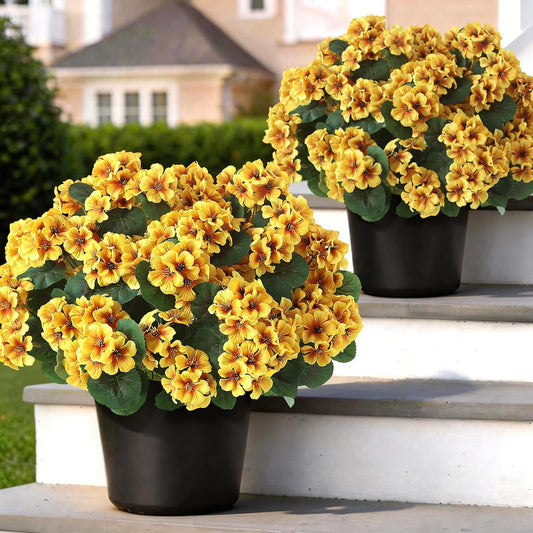 2Pcs 18" Artificial Geranium Flower Topitary Tree for Outdoor (Yellow) | No Assembly Needed, UV-resistant, Realistic Potted Bush, Silk Faux Plant, for Front Door/Garden/Porch/Farmhouse/Home Decor