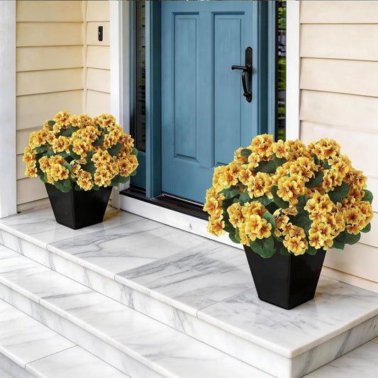 2Pcs 18" Artificial Geranium Flower Topitary Tree for Outdoor (Yellow) | No Assembly Needed, UV-resistant, Realistic Potted Bush, Silk Faux Plant, for Front Door/Garden/Porch/Farmhouse/Home Decor