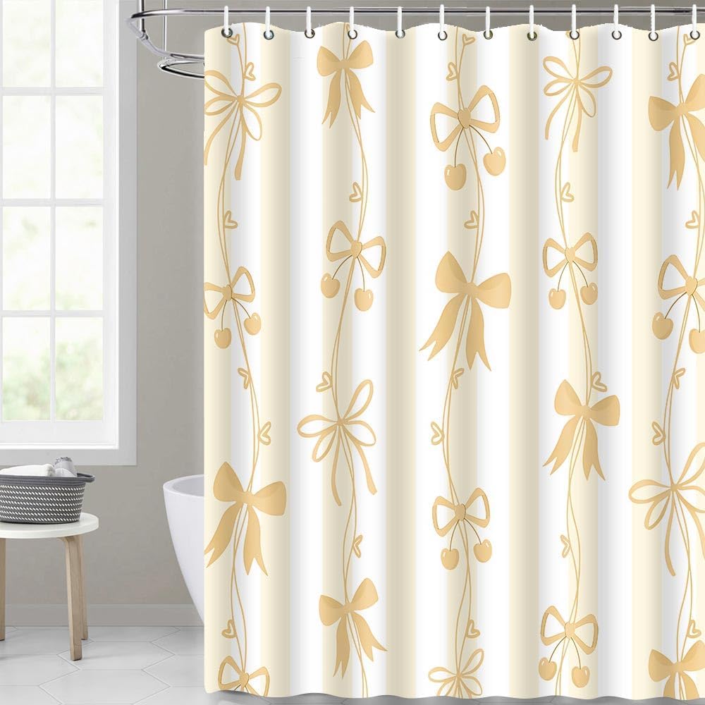 Cute Yellow Bow Shower Curtai Preppy Style Cartoon Pattern 72x72 Inches | Cute Bowknot Shower Curtain Beautiful Yellow Bow Shower Curtains Set,Modern Aesthetics Girl Bathroom Decor for Hotel Restroom