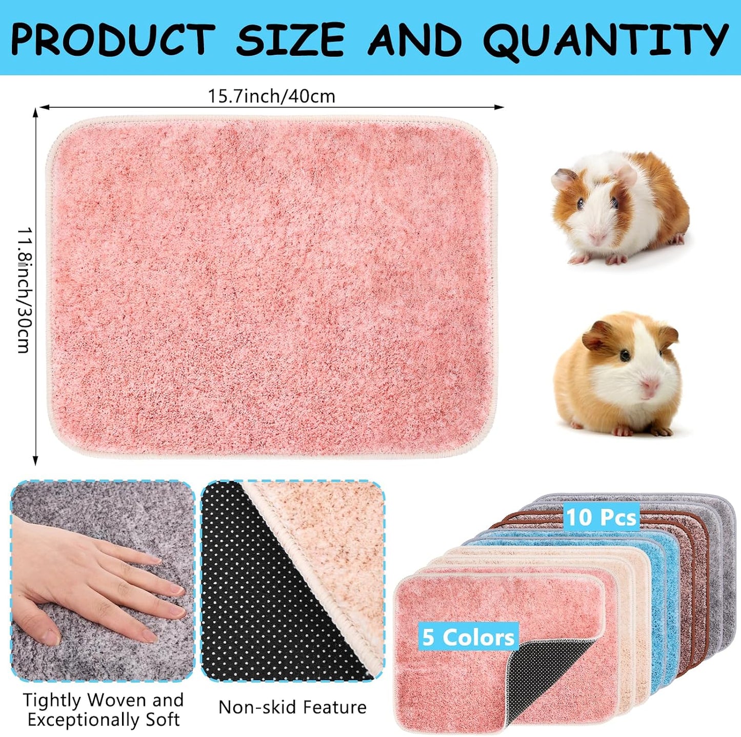 10 PCS Guinea Pig Liner Washable Rabbit Cage Liner 12x16 Inch Reusable Guinea Pig Bedding Mats for Small Animals Rabbit Hamster Chinchillas Rat Washable Bedding Pads in Gray Yellow Pink Brown and Blue