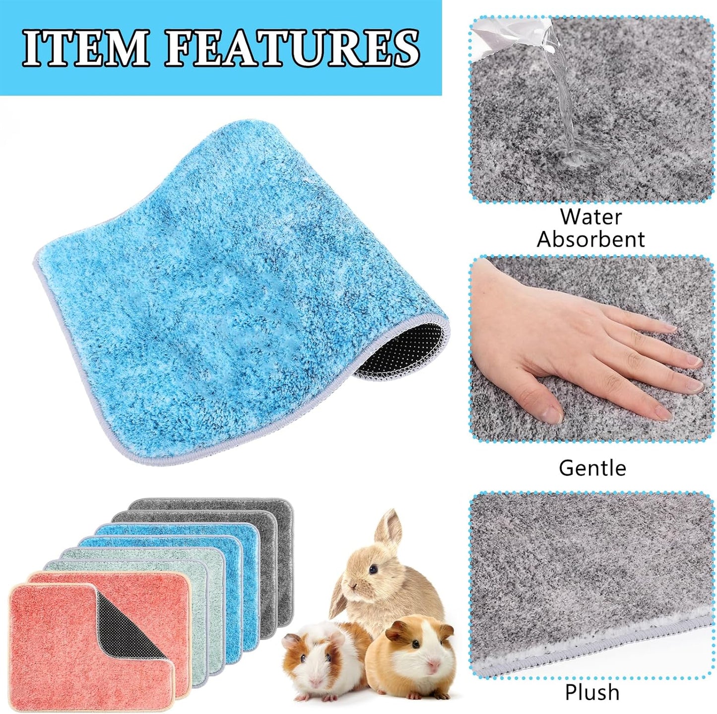 10 PCS Guinea Pig Liner Washable Rabbit Cage Liner 12x16 Inch Reusable Guinea Pig Bedding Mats for Small Animals Rabbit Hamster Chinchillas Rat Washable Bedding Pads in Gray Yellow Pink Brown and Blue