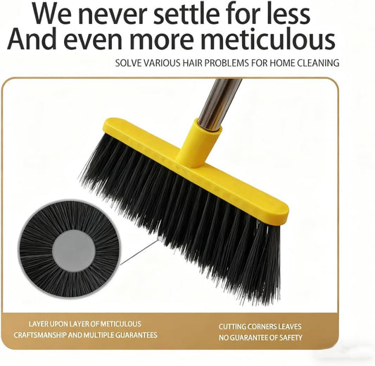 Broom and Dustpan Set with Long Handle - Upright Dustpan & 3 Rows Dense Bristles, Ideal for Home, Office, Kitchen, Lobby, Shop, All-Purpose Indoor & Outdoor Sweeping,Gray&Yellow