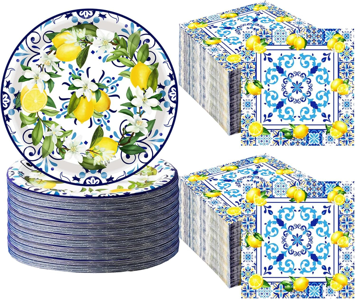 100Pcs Capri Lemon Party Supplies Blue Tiles Yellow Lemon Party Set 7"Capri Lemon Citrus Fruit Paper Plates and Capri Lemons Napkins for Baby Shower Lemon Birthday Italian Theme Party Decor Serves 50