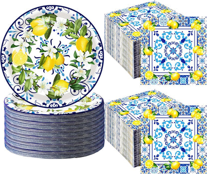 100Pcs Capri Lemon Party Supplies Blue Tiles Yellow Lemon Party Set 7"Capri Lemon Citrus Fruit Paper Plates and Capri Lemons Napkins for Baby Shower Lemon Birthday Italian Theme Party Decor Serves 50