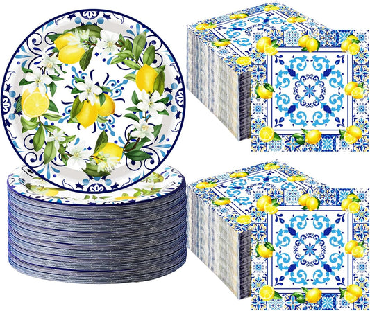 100Pcs Capri Lemon Party Supplies Blue Tiles Yellow Lemon Party Set 7"Capri Lemon Citrus Fruit Paper Plates and Capri Lemons Napkins for Baby Shower Lemon Birthday Italian Theme Party Decor Serves 50
