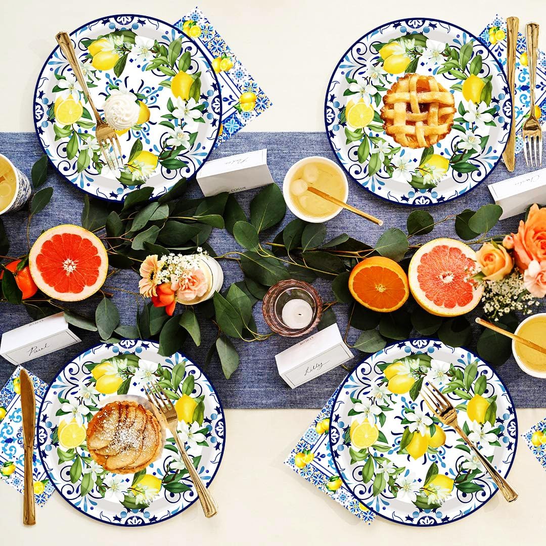100Pcs Capri Lemon Party Supplies Blue Tiles Yellow Lemon Party Set 7"Capri Lemon Citrus Fruit Paper Plates and Capri Lemons Napkins for Baby Shower Lemon Birthday Italian Theme Party Decor Serves 50