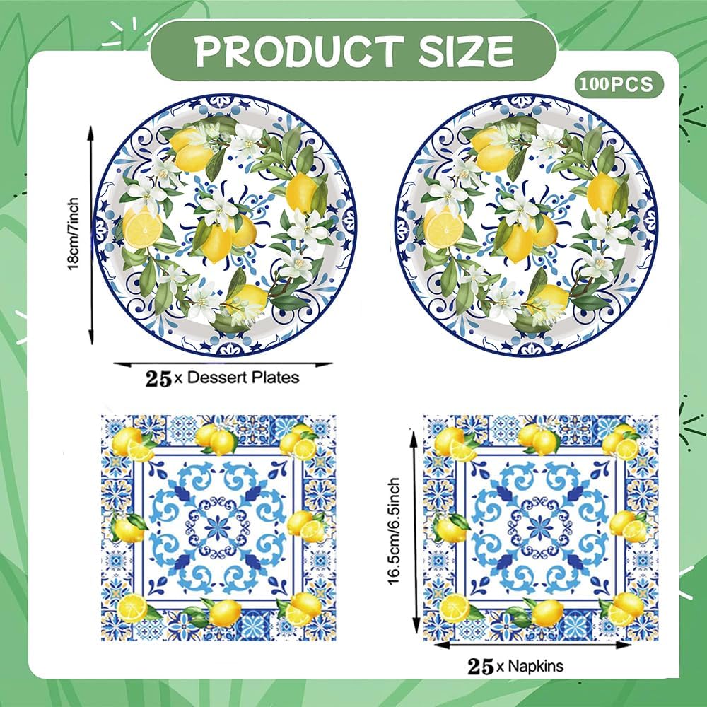 100Pcs Capri Lemon Party Supplies Blue Tiles Yellow Lemon Party Set 7"Capri Lemon Citrus Fruit Paper Plates and Capri Lemons Napkins for Baby Shower Lemon Birthday Italian Theme Party Decor Serves 50