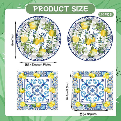 100Pcs Capri Lemon Party Supplies Blue Tiles Yellow Lemon Party Set 7"Capri Lemon Citrus Fruit Paper Plates and Capri Lemons Napkins for Baby Shower Lemon Birthday Italian Theme Party Decor Serves 50