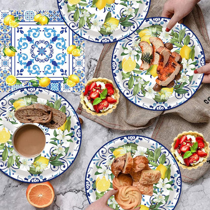 100Pcs Capri Lemon Party Supplies Blue Tiles Yellow Lemon Party Set 7"Capri Lemon Citrus Fruit Paper Plates and Capri Lemons Napkins for Baby Shower Lemon Birthday Italian Theme Party Decor Serves 50
