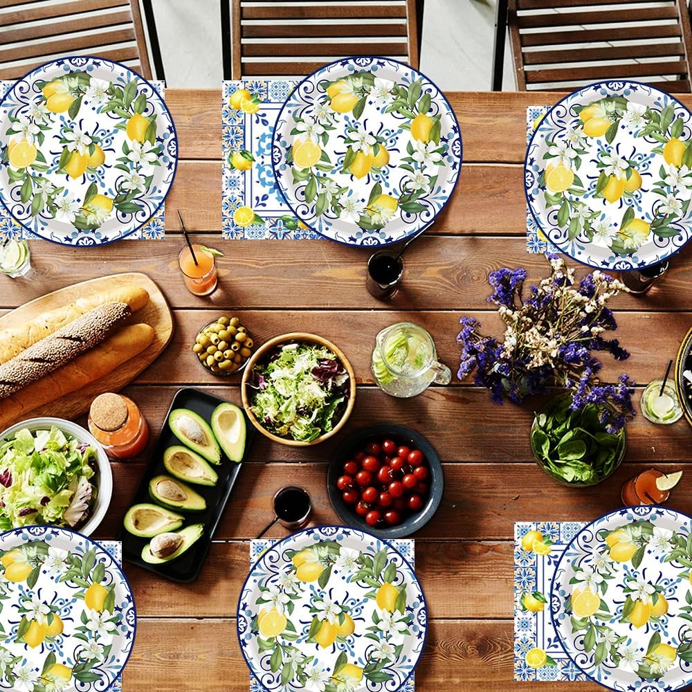 100Pcs Capri Lemon Party Supplies Blue Tiles Yellow Lemon Party Set 7"Capri Lemon Citrus Fruit Paper Plates and Capri Lemons Napkins for Baby Shower Lemon Birthday Italian Theme Party Decor Serves 50