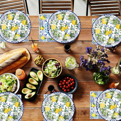 100Pcs Capri Lemon Party Supplies Blue Tiles Yellow Lemon Party Set 7"Capri Lemon Citrus Fruit Paper Plates and Capri Lemons Napkins for Baby Shower Lemon Birthday Italian Theme Party Decor Serves 50
