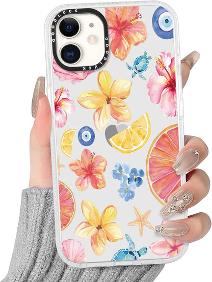Cute Colorful Hibiscus Flower Clear Phone Case for iPhone 12 Pro/iPhone 12 6.1", Aesthetic Summer Seashell Lemon Floral Pattern Girls Women Cover Shockproof Soft TPU Bumper Protection Funda
